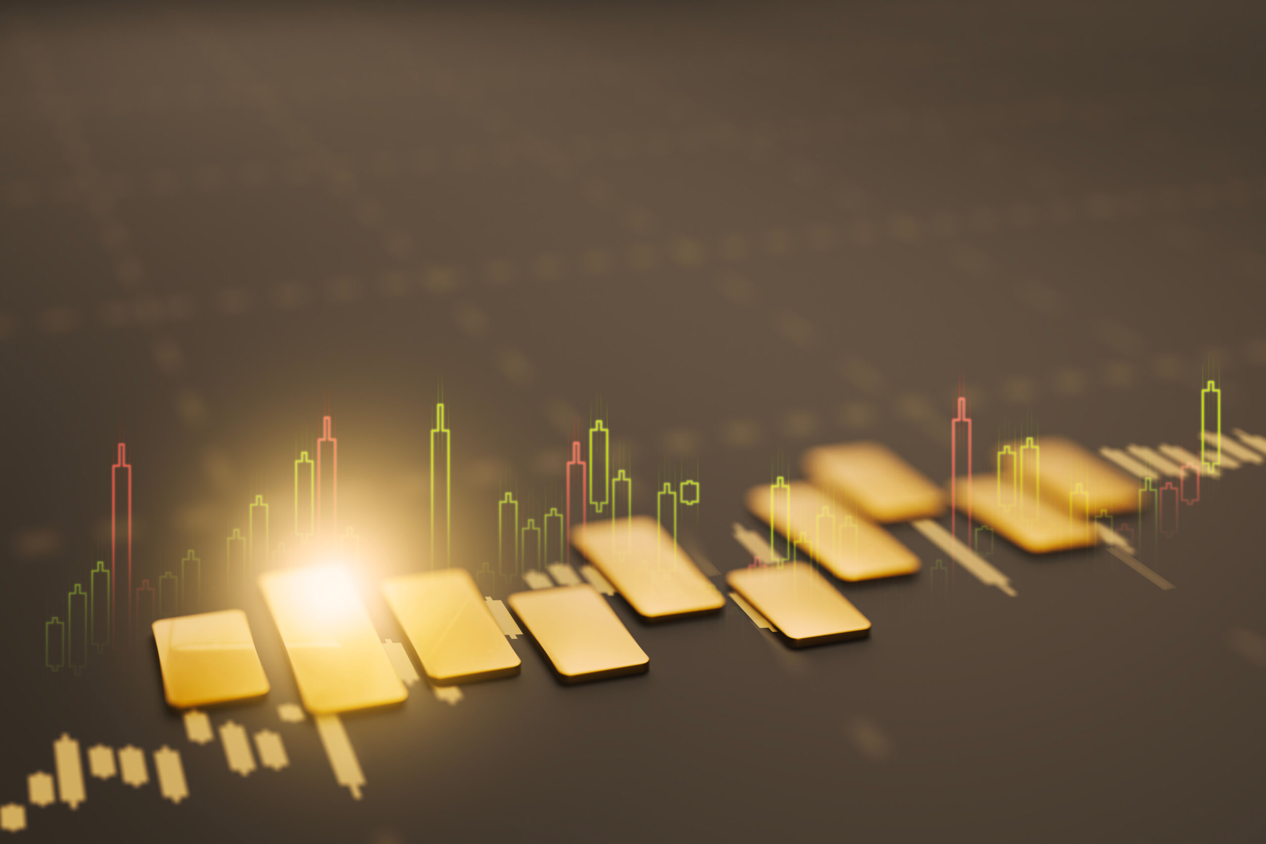 Golden tiles in perspective with green-red candlesticks, abstract timeline of market movement.